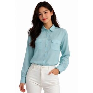LOFT Aqua Blue Utility Button Down Roll Tab Sleeve Blouse Shirt M Preppy 80-56